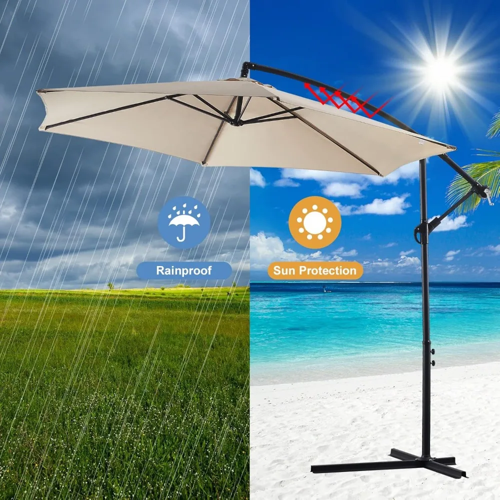 10ft Cantilever Patio Umbrella, Offset Hanging Outdoor Table Umbrella with Tilt Crank, 6 Sturdy Ribs and Cross Base, UV 4