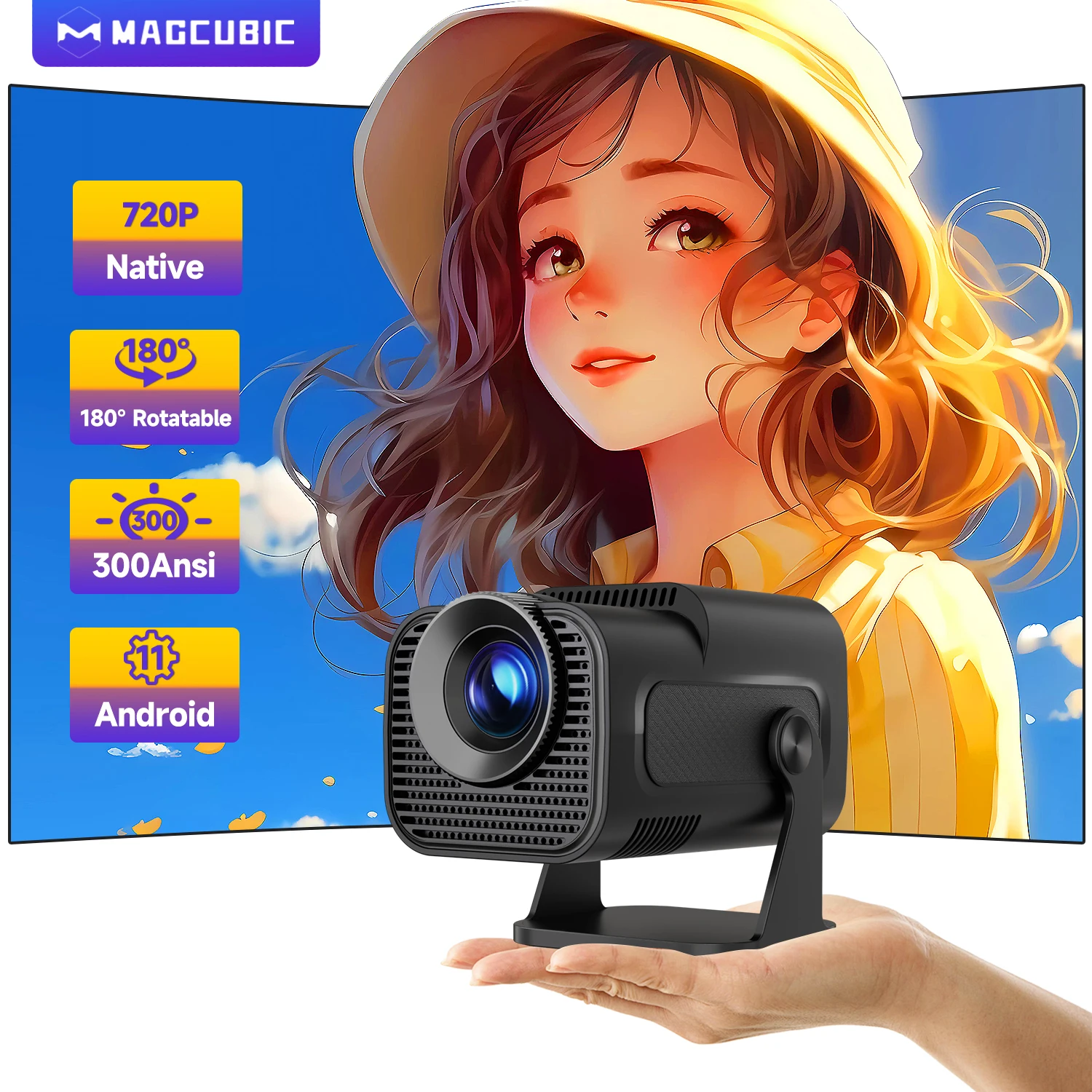  Magcubic HY320 Pro Newly Native 720P Android 11 4K Projector 300ANSI Wifi6 BT5.0 Cinema Outdoor Portable 180° Rotable Projector 