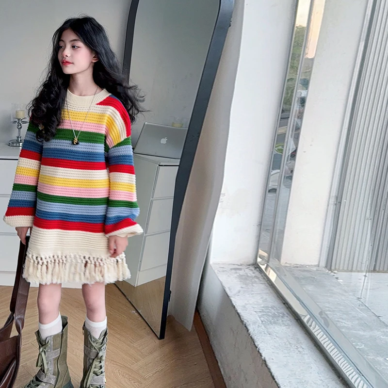 아동용 스웨터 4-14세 여아 캐주얼 패션 봄 가을 니트웨어 트윈 레인보우 컬러풀 의상 아동 한국 스타일 풀오버