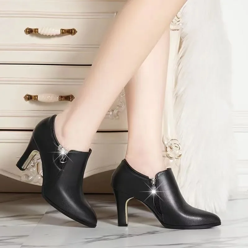 

Fashion Women Short Boots Solid Black Leather Shoes Pumps For Womans Office Shoes Med High Heels Pointed-toe Female Ankle Boots