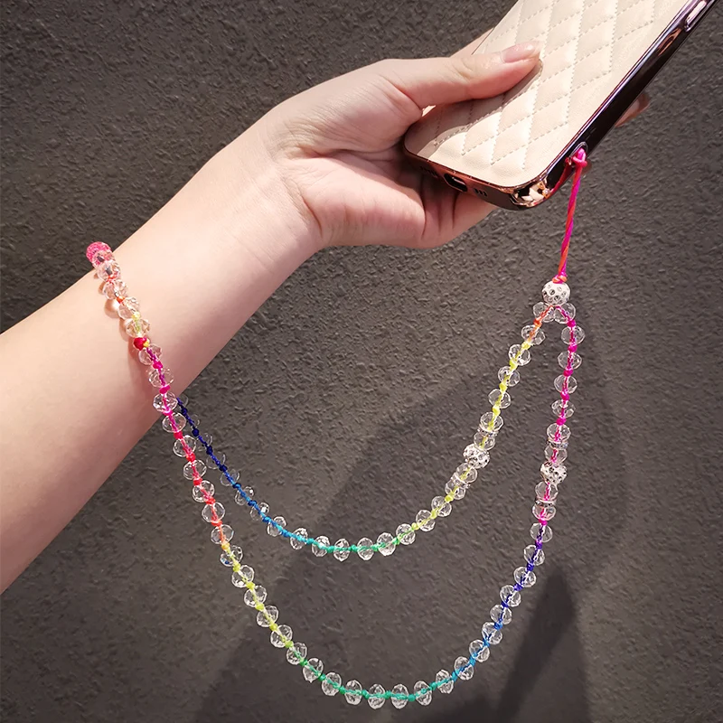 Long Crystal Beads Hanging Neck Chain Hand-woven Beaded Womens Colorful Rope Phone Case Anti-lost Lanyard Mobile Pho