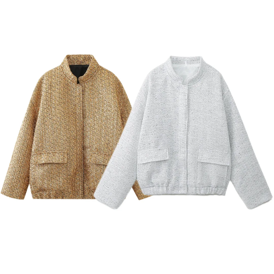 New Metal Color Sequin O Neck Jacket for Women Loose Stand Collar Long Sleeve Coat Gold 2023 Autumn Winter Street Female Outwear