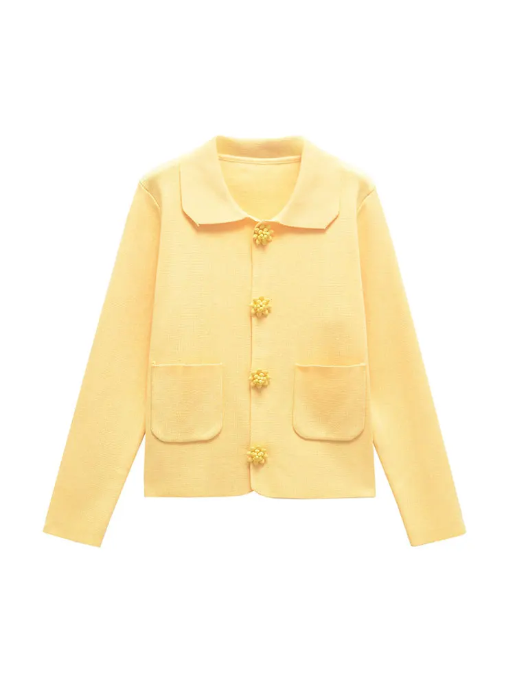 Women's Beaded Button Knit Cardigan with Patch Pockets