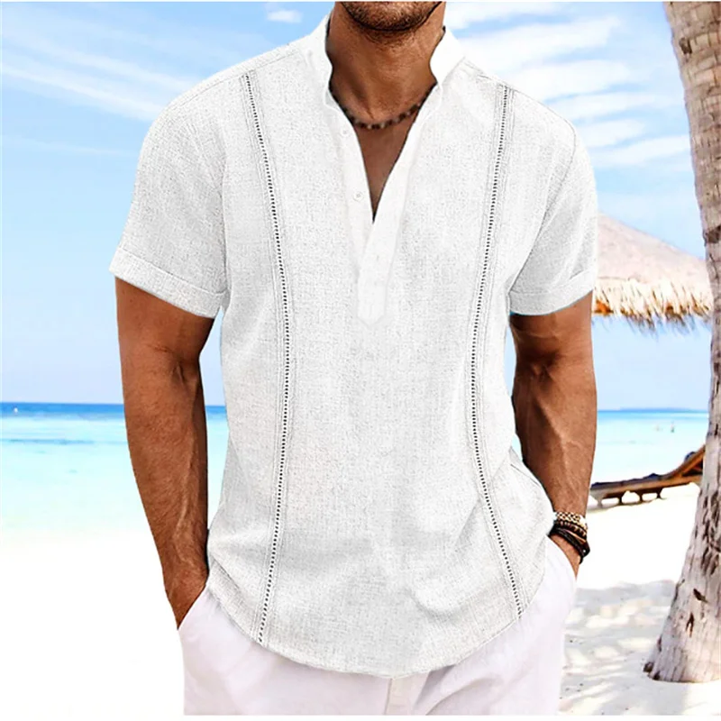 2024 summer new men's short sleeve Henri collar solid color Cuban Guayabera cotton shirt fashion trend beach men's top 3
