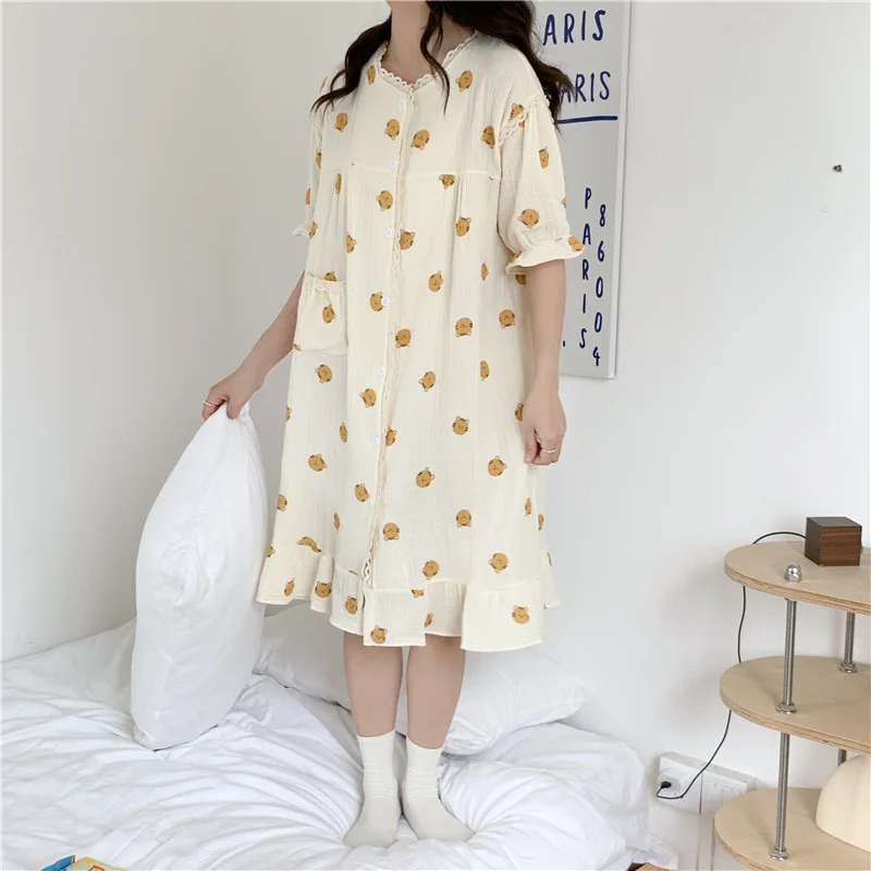 

Summer Cotton Sleepdress Women Single Breasted Short Sleeve Soft Loose Nightgown Casual Comfortable Home Wear Nightdress S061
