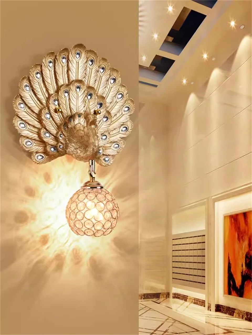 

American Retro Peacock Wall Lamp Nordic Resin Crystal LED Wall Lamp Living Room Background Bedside Lamp Bedroom Balcony Lighting