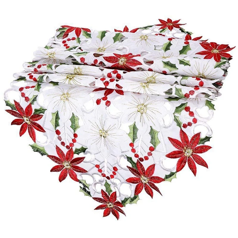 

Poinsettia Holly Leaf Embroidered Table Linens For Christmas Decorations 15 X 53 Inch
