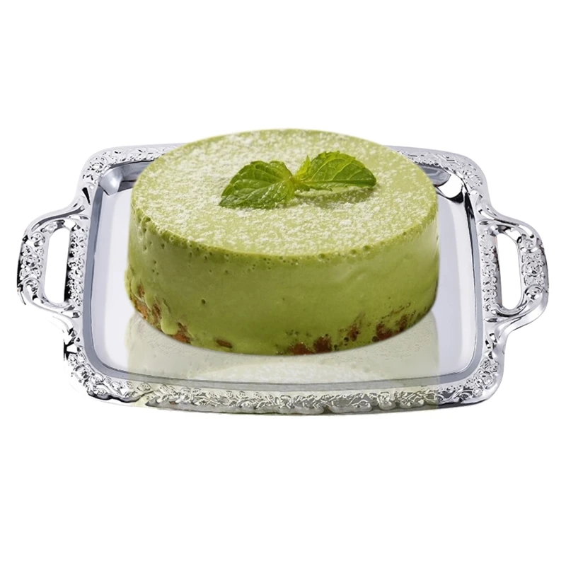H55A Luxury Stainless Steel Storage Tray with Handle Cosmetic Jewelry Display Plate Hotel Restaurant Serving Dish Silver 3