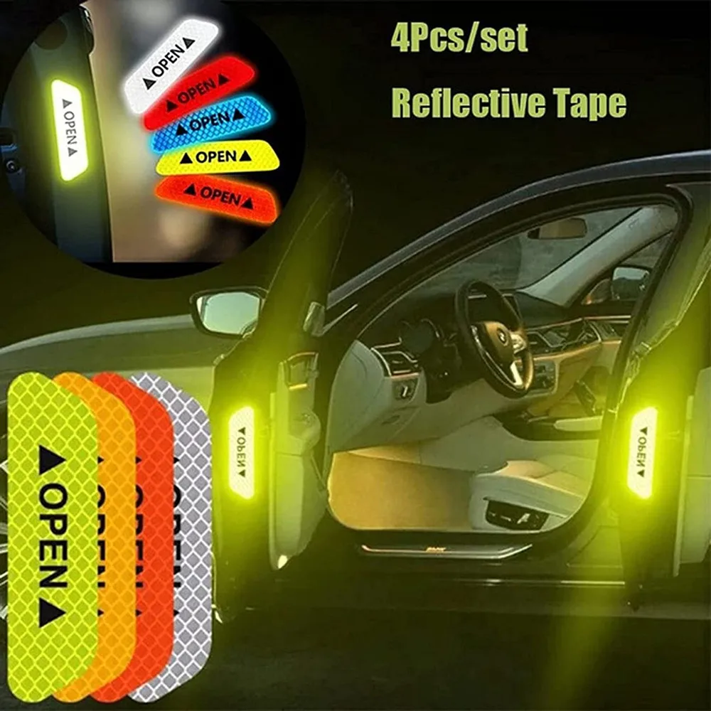 

4PCS/Set Car Door Stickers OPEN High Reflective Strips Universal Tape Safety Warning Mark Tape Driving Outdoor Auto Accessories