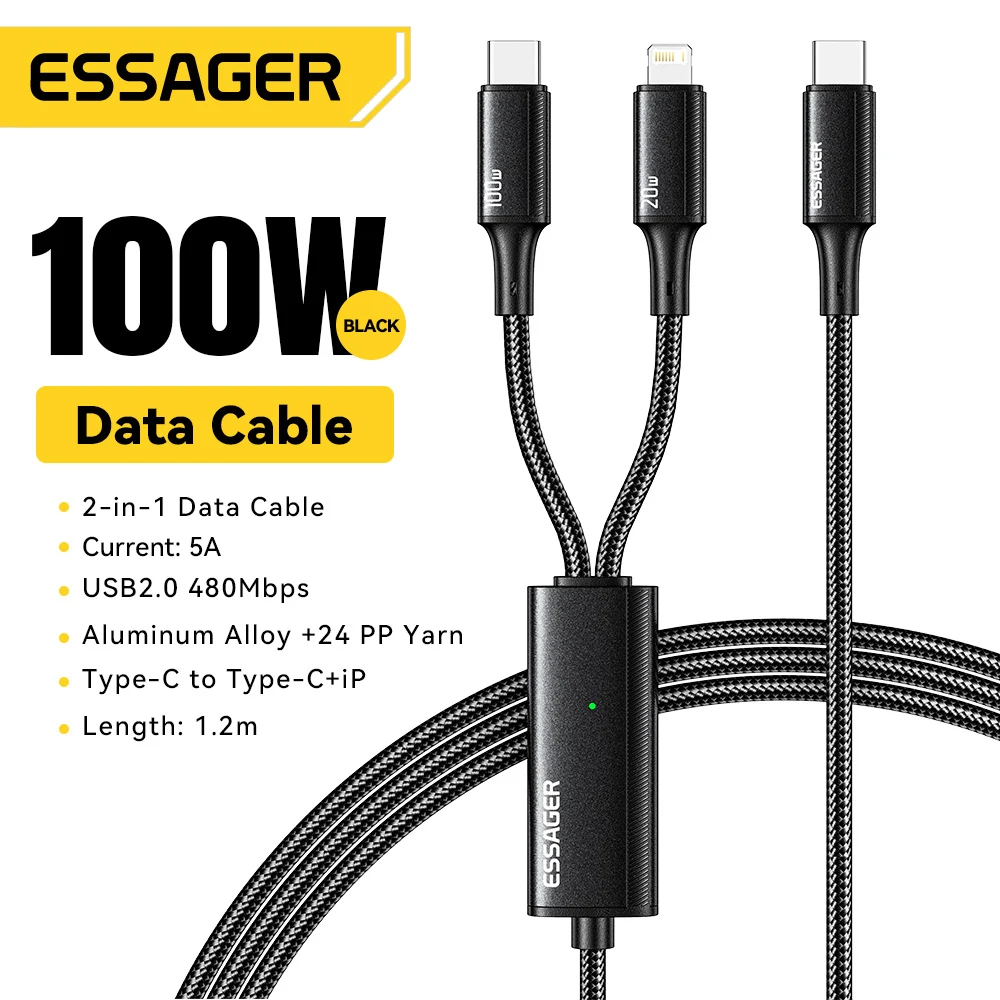 

Essager 100W Cable USB C to Type C to Lighting PD Fast Charger Data 2 in 1 Quick Charging Cord For Macbook iPhone Samsung Xiaomi