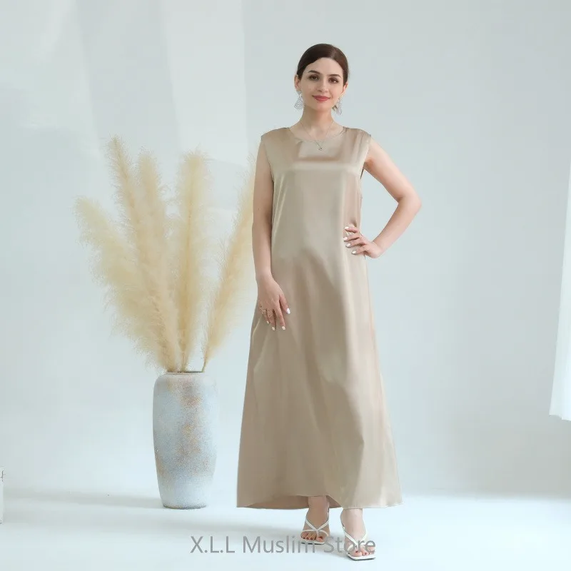Ramadan Sleeveless Abaya Turkey Islam Arabic Muslim Long Dress Silky Inside Dresses For Women Clothing Musulmane Femme Vestido