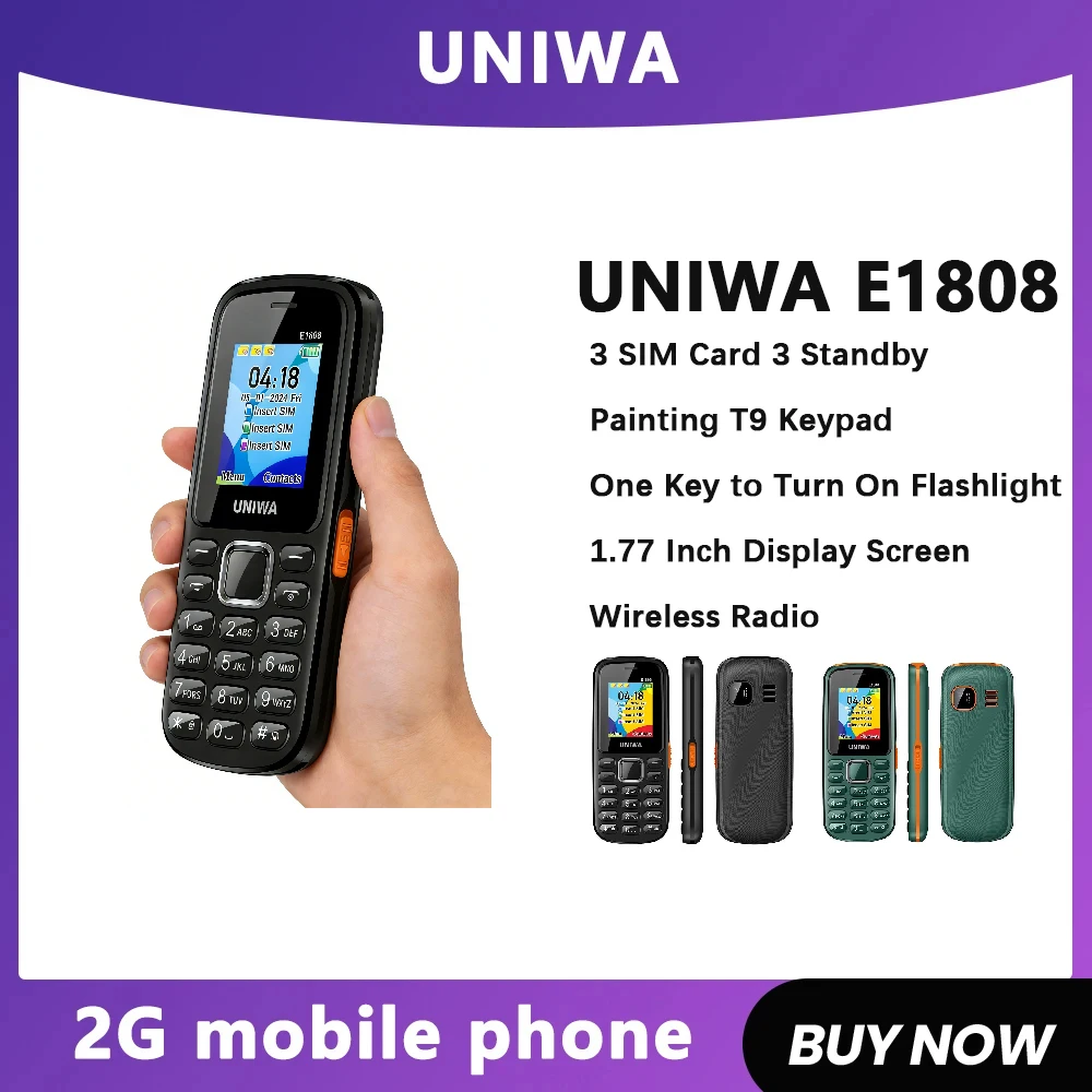 UNIWAE1808 Funktion Telefon 3 SIM-Karte 3 Standby-Funkradio Taschenlampe Hohe Lautstärke für ältere 2G-Tastatur-Handy