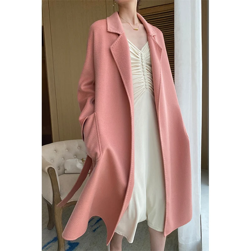 

Женская одежда 2024, Женское шерстяное пальто с поясом, Женское пальто средней длины, длинное шерстяное пальто в водной ряби, двустороннее кашемировое пальто