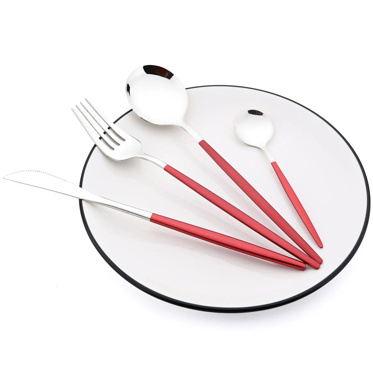 30pcs Red Silver Dinnerware Set Western Stainless Steel Cutlery Set Dinner Spoons Cake Fork Knife Tableware Kitchen Flatware