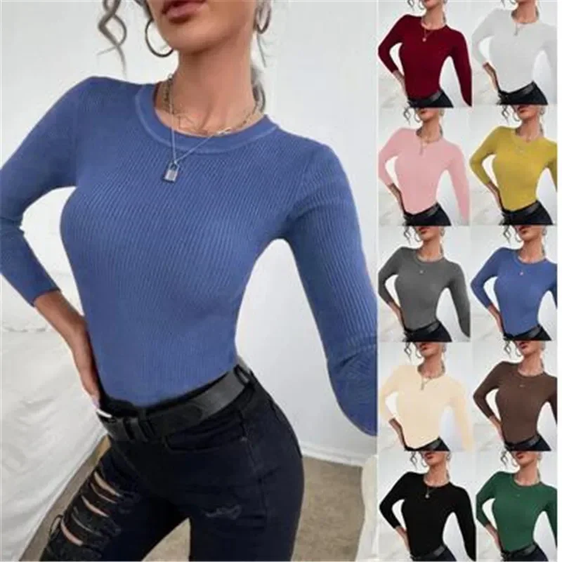 

Fashion Spring Women Long Sleeve Crew Neck Slim Ribbed Knit Pull Sweater Femme Korean Y2K Pullover Luxury Tops Clothes