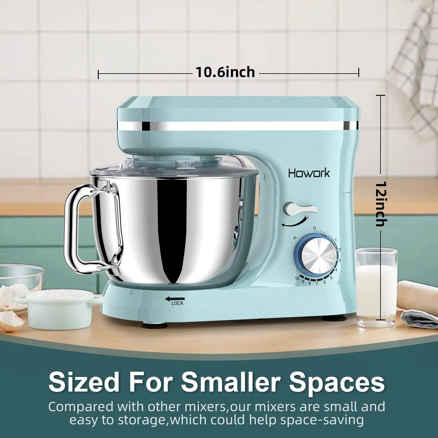 Electric Stand Mixer,10+p Speeds With 6.5QT Stainless Steel Bowl,Dough Hook, Wire Whip & Beater,for Most Home Cooks,Blue 5