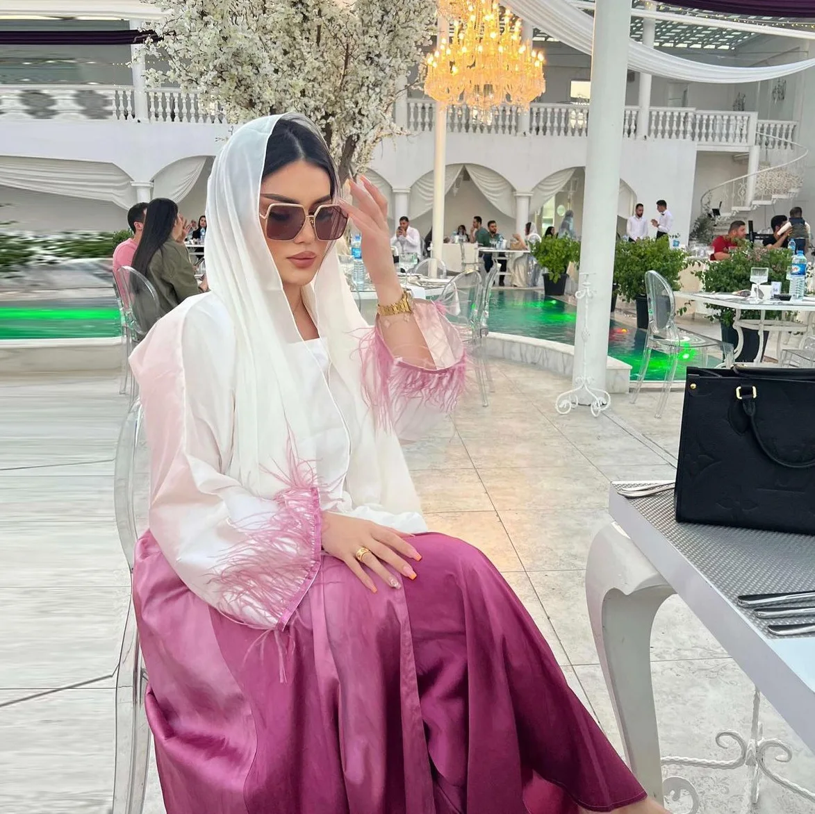 Two Pieces Abaya Set for Women Malaysia Dubai Solid Gradient Fashion Feather Patchwork Kimono Abaya and Vest Dress Eid