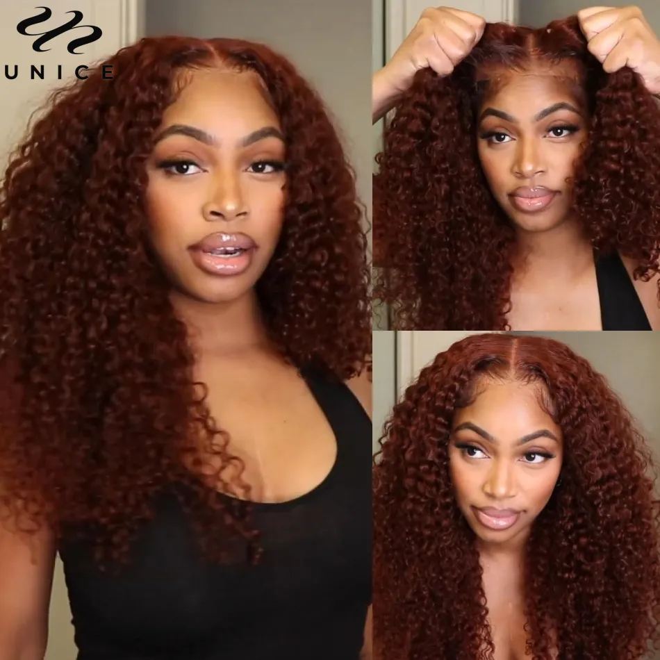 UNice Bye-Bye Knots Wig 7x5 Deep Curly Wear Go Glueless Wig Human Hair Reddish Brown Pre Cut Pre Bleached 13x4 Lace Frontal Wig