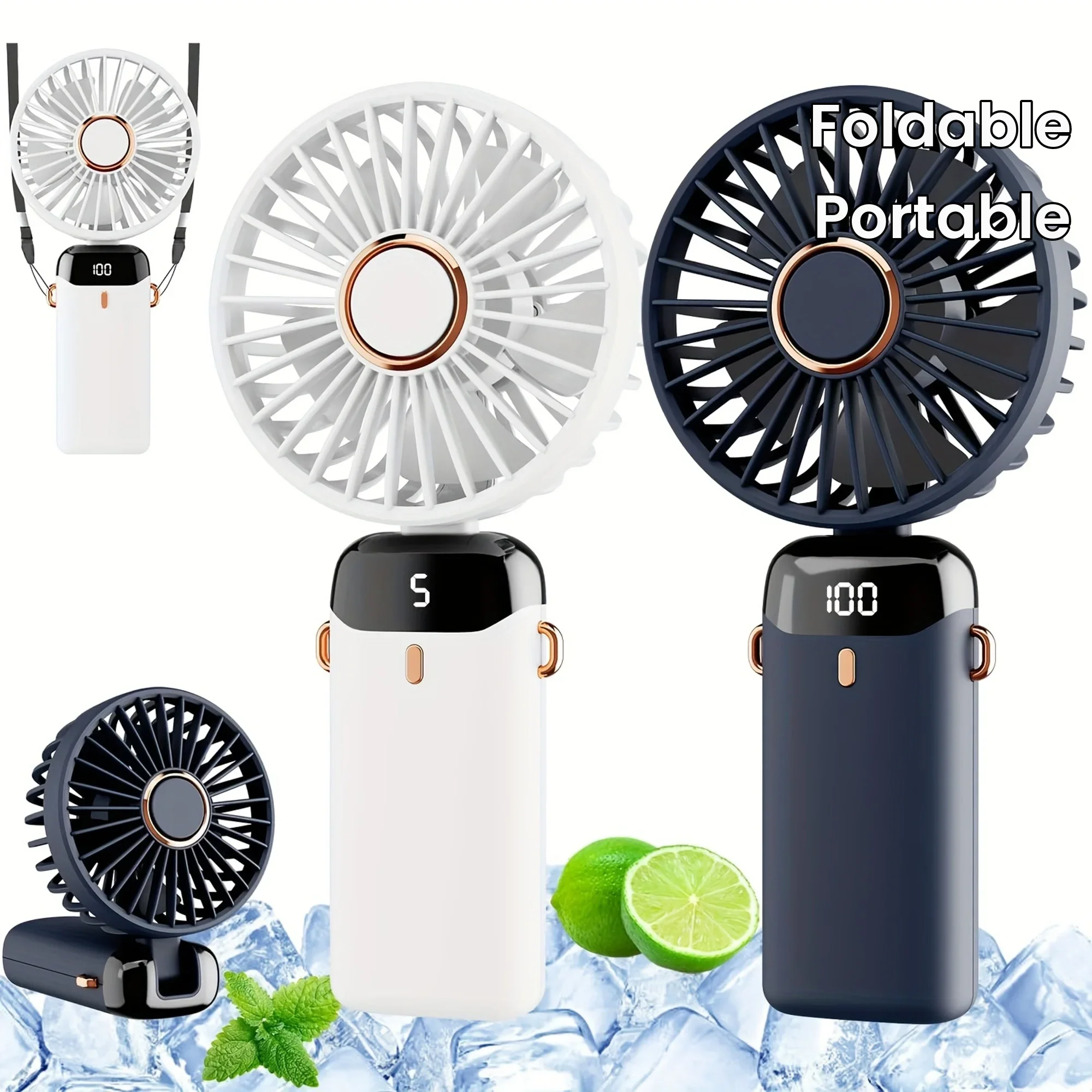 Portable Handheld Fan 2 Pack, Rechargeable Mini Foldable Fan with 5 Speeds and Power Display for Indoor Outdoor Travel Camping 1