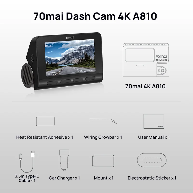 Global 70mai Dash Cam A810 Ultra HD 4K Built-in GPS ADAS Auto
