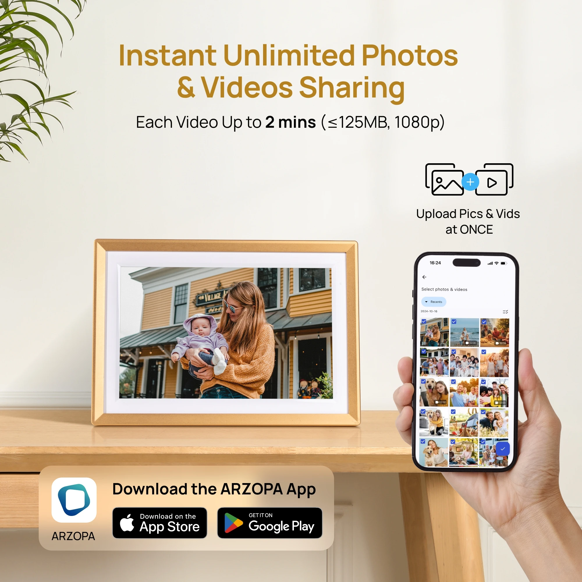 ARZOPA 10.1 Inch Metal Digital Photo Frames WiFi 32GB IPS HD Free Touch Screen Remote Share Photos Videos Auto Rotation,D10 Gold view 6