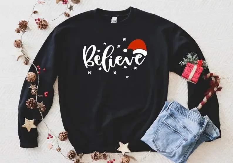 Believe Sweatshirt, Christmas Believe Santa Women's Holiday Loose 100% Cotton Solid Thicken Warm Women Sweatshirts Lady Fashion