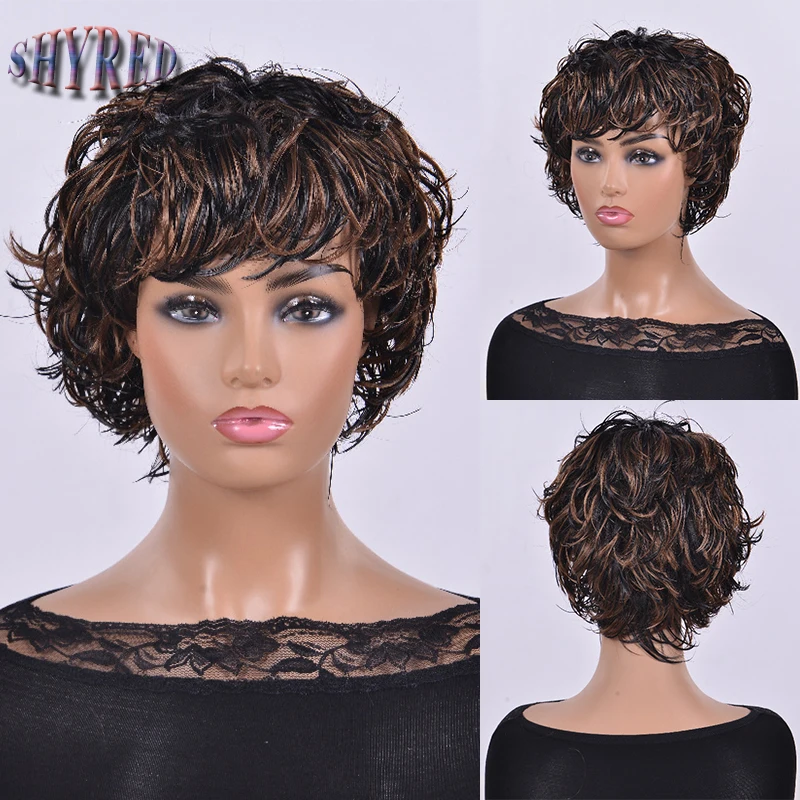 

Mixed Brown Pixie Cut Wigs for Women Synthetic Short Hair Natural Wigs with Bangs Dark Roots Ombre Fashion Style Mommy Wig