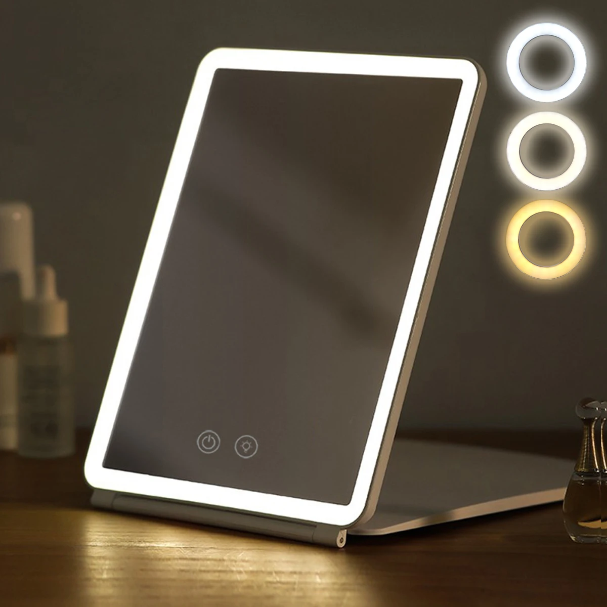 

LED Touch Screen Makeup Mirror Folding Mirror Lighted Makeup Mirror 3 Colors Light Modes USB Rechargeable Cosmetic Mirror Tools