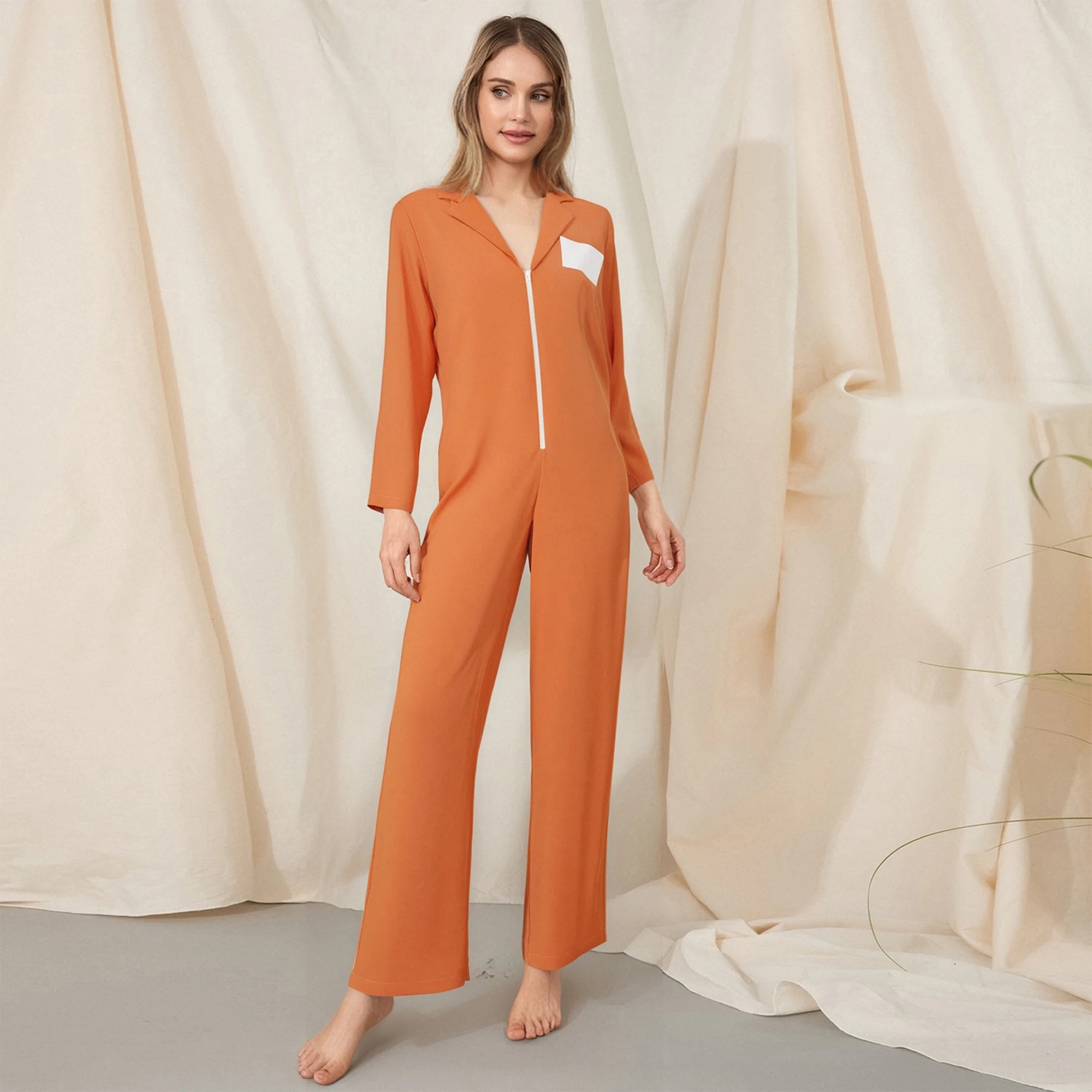 Women s Sexy Prisoner Costume Long Sleeve Lapel V Neck Zippered Catsuit Jumpsuit for Halloween Cosplay Party Dress Up