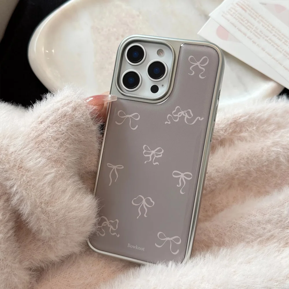 Full Screen Pink Grey Bowknot Electroplated Resin Phone Case Back Cover
