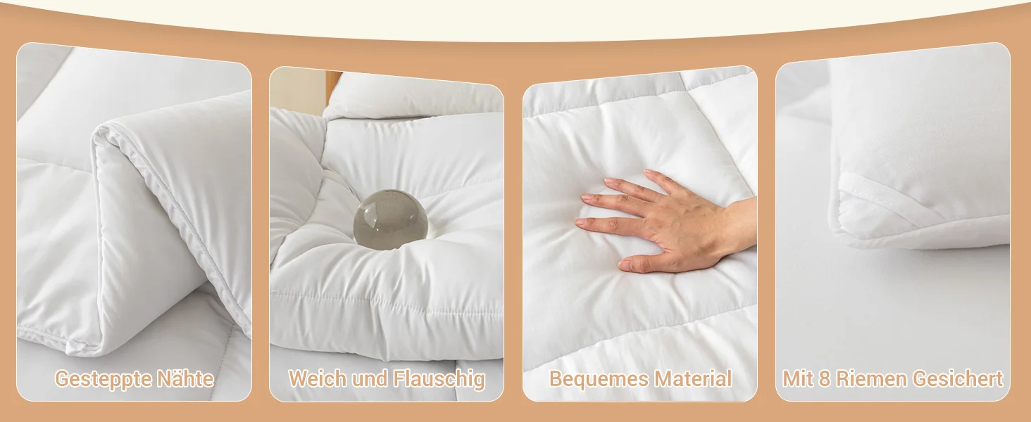 Schrittweise Demonstration der Kissenflauschtechnik. Auf mehreren Paneelen ist zu sehen, wie Hände ein weißes Kissen umformen und anpassen, um ihm wieder Schwung und Fülle zu verleihen.