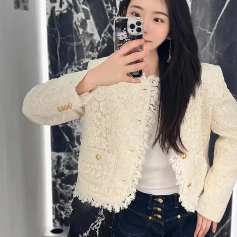

2023 Autumn New Women White Lace All-match Double-faced Cardigan Jacket
