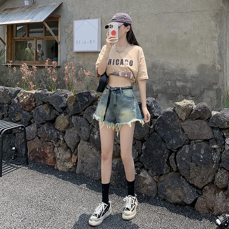 Denim Planet Spicy Girl Plush Denim Shorts Women's Summer High Waist Loose Slimming Lace Up Tie Dyed Washed Wide Leg Hot Pants