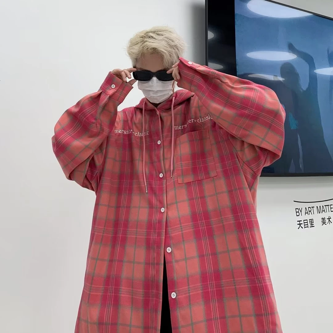 

American Street Hooded Pink Plaid Long-Sleeved Men's and Women's Shirts Loose All-Match Couple Coat Trendy