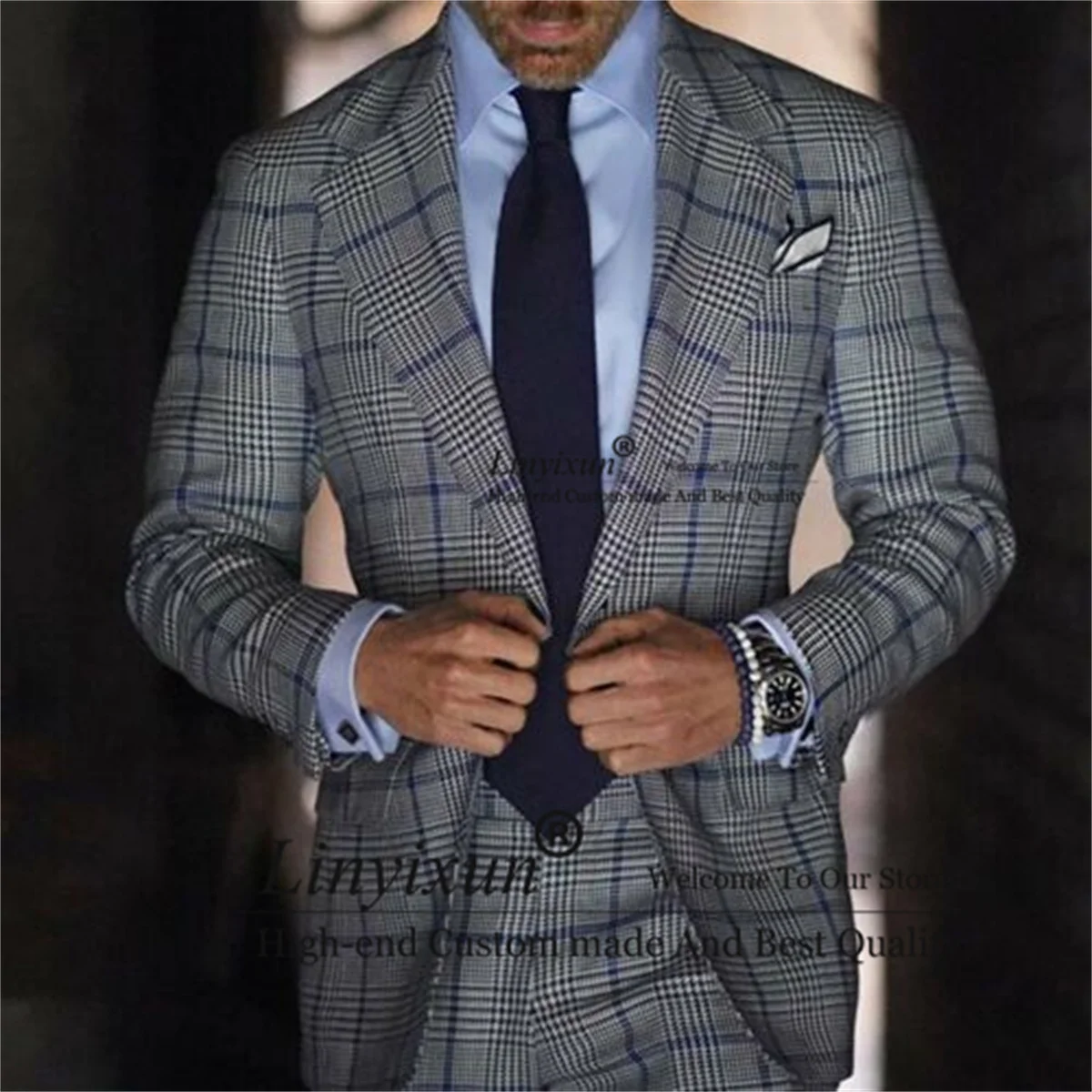 

Tweed Houndstooth Men Suits 2 Pieces Sets Groom Wedding Tuxedos Plaid Business Male Blazers Slim Fit Terno Masculinos Completo