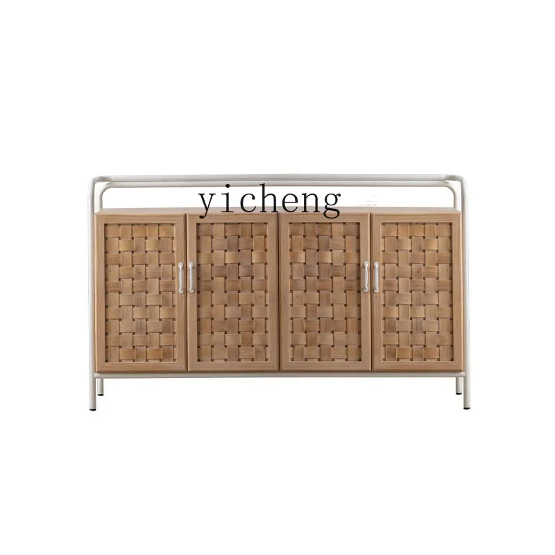 

YY French Retro Sideboard Cabinet Solid Wood Cream Style Woven Wood Wall Entrance Curio Cabinet