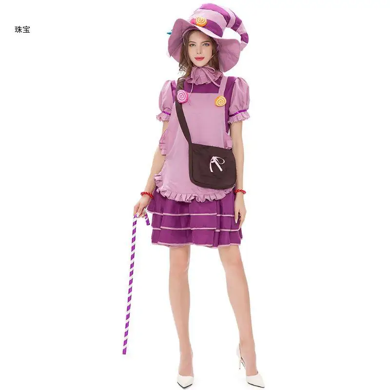 

X5QE Women Halloween Cosplay French Maid Uniform Outfits Puff Sleeve Bowknot Dress Lollipop Apron Witch Hat Carnival Costume