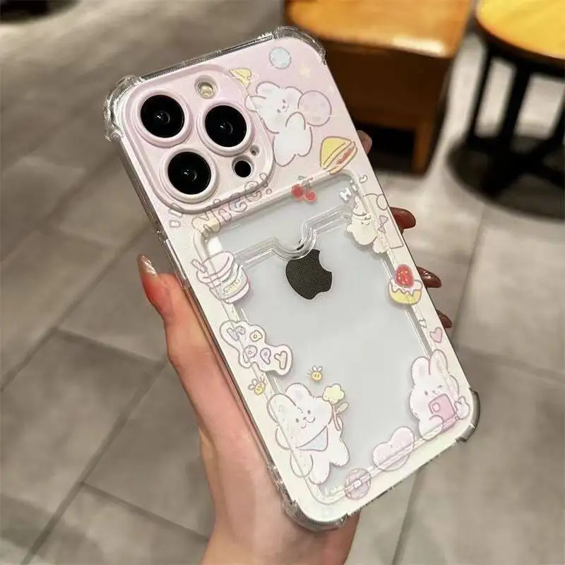 INS Korean Cute Pink Rabbit Card Slot Bag Holder Phone Case for IPhone 16 15 14 13 12 11 Pro Max 16 Plus 12 Mini 7 8 X XR Cover 6