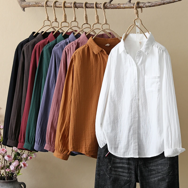 

2023 Spring New Solid Color Long Sleeve Women Shirt Cotton Yarn Shirts Loose Casual Simple Style Blosues and Tops Ladies Clothes