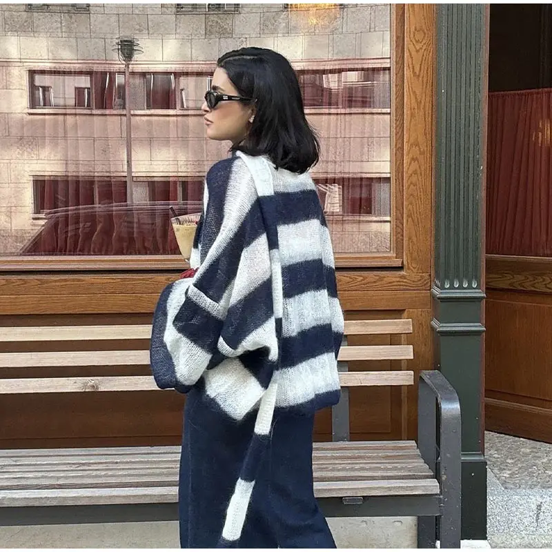 Loose Mohair Striped V-neck Cardigan Women With Scarf Fashion Lantern Sleeve Single Breasted Knitwear Casual Lady New Streetwear