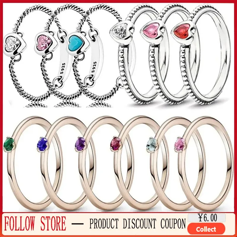 Exquisite 925 Sterling Silver Original Logo Multi Color Single Stone Heart Ring DIY Fashion Jewelry Women's High Quality Gift new blue floating jewelry gift packing box bracelet ring pendant beads holder protect jewellery stone presentation case