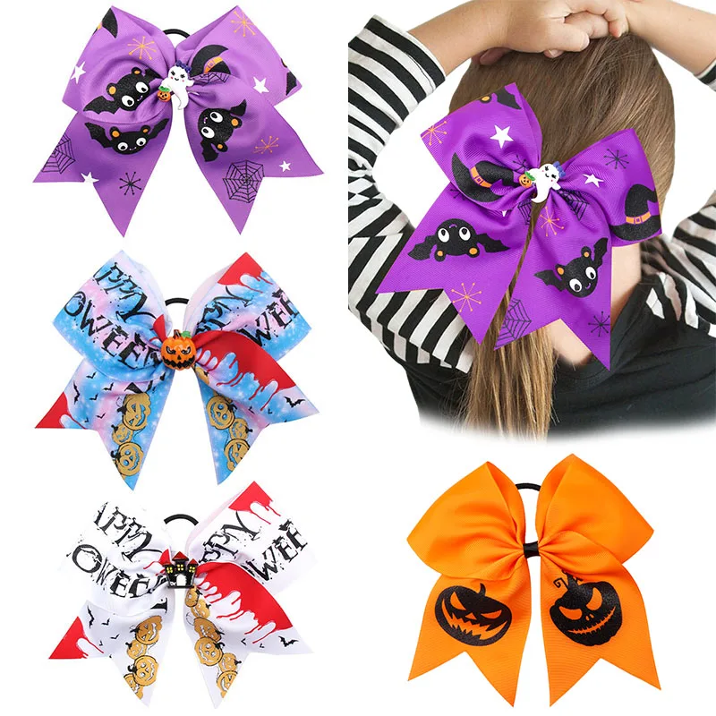 ncmama Halloween Elastic Hair Bow Hair Ties For Baby Girls Spider Ghost Ribbon Hair Bands Rope Ponytail Holder Hair Accessories