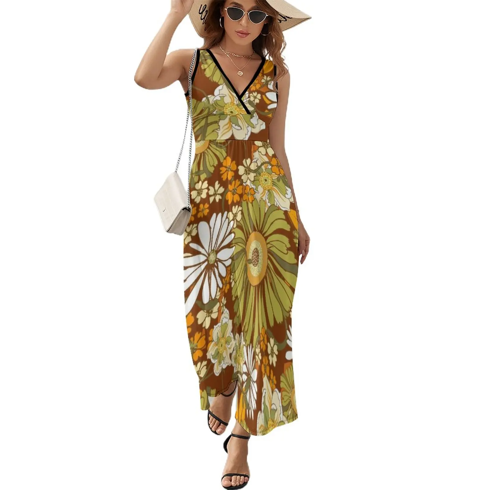 

70s Retro Vintage Flower Power pattern boho, orange, brown, Sleeveless Dress prom clothes women party dresses