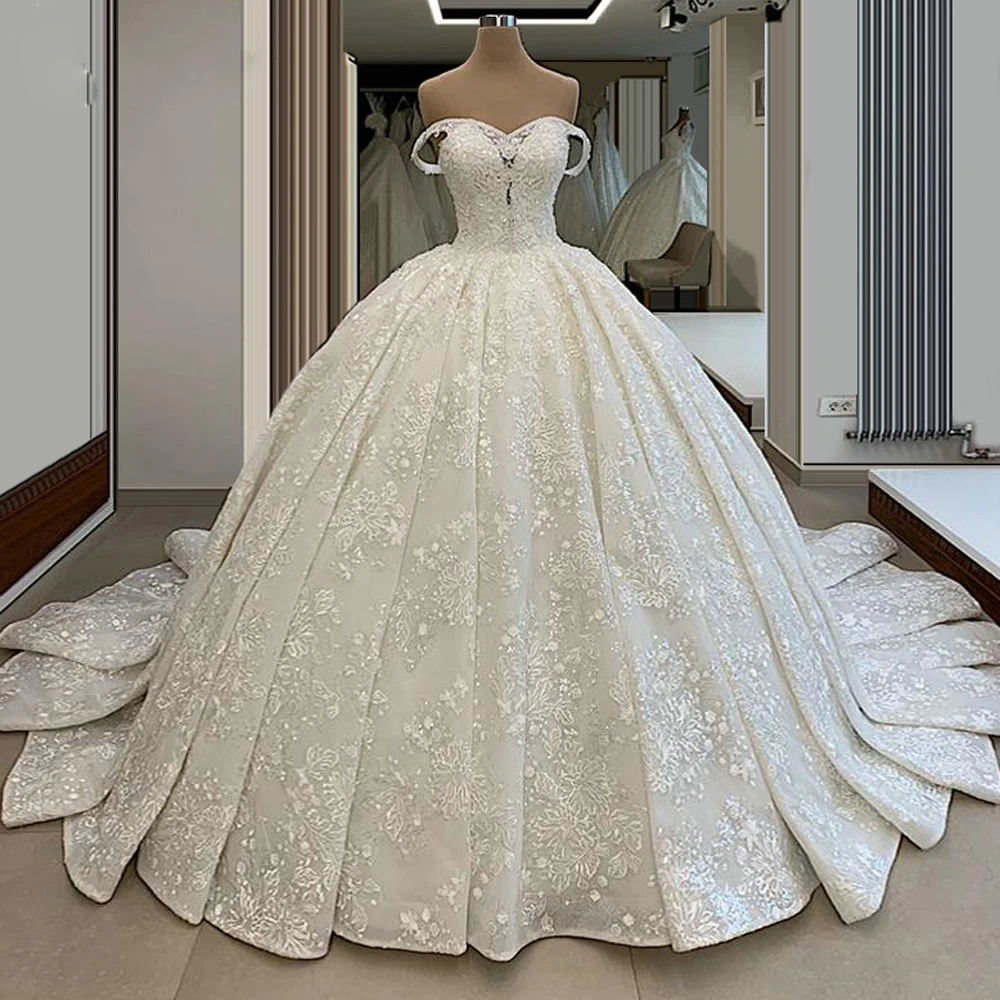 Robes De Mariage Off Shoulder Ball Gown Wedding Dress Beading Appliques Gorgeous Hochzeitskleid Lace Up Back Vintage Gelinlik