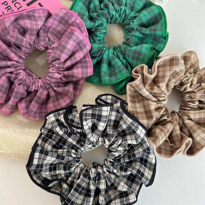 Vintage Plaid Grid Scrunchies Large Size Hair Tie Ponytail Holder Elastic Hair Band Rubber Bands Women Hair Accessories