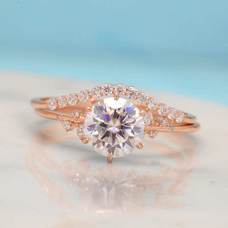 

14k Rose Gold DE Color VS Round Excellent Cut 1.0ct Lab Grown Diamond Engagement Ring Set for Women