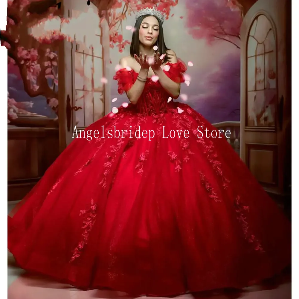 

Блестящее Красное Бальное Платье Angelsbridep с открытыми плечами, платья для Quinceanera с бусинами, аппликация для принцессы на день рождения, 15