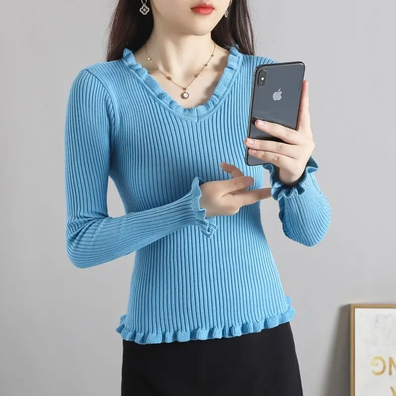

Autumn Women Pullover Sweater Fashion V-collar Short Knitted Female Long Sleeve Winter Solid Color Soft Elastic Blouse T162