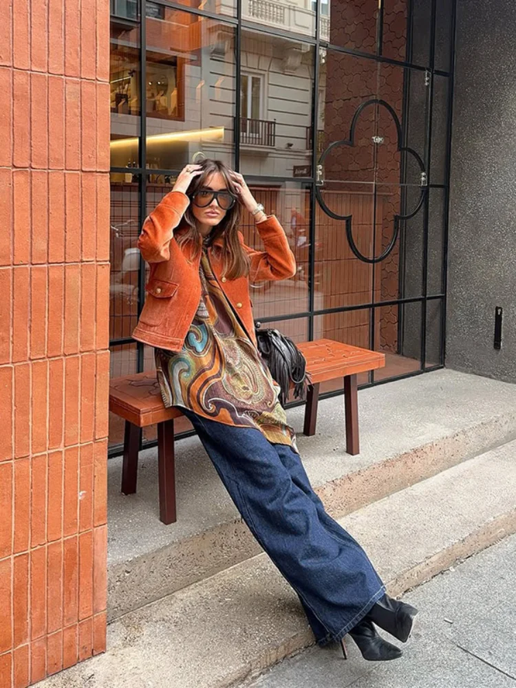 Vestes courtes en velours à revers Orange pour femmes, mode simple boutonnage, manches longues, poches, veste ample, vêtements d'extérieur de rue pour les déplacements, 2026