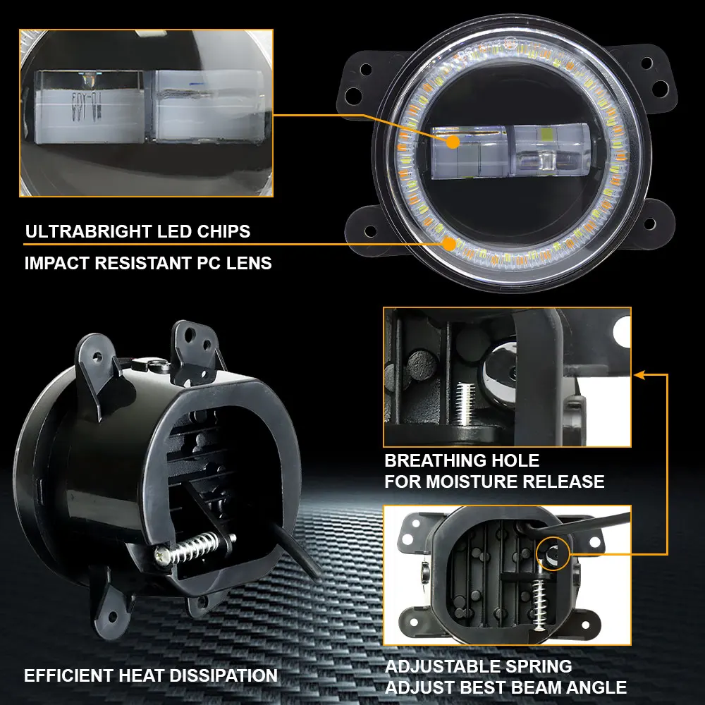 지프 랭글러 JL JK, 닷지 오프로드 여행용 2개 4인치 LED 안개등, 100W 노란색/흰색 안개등 DRL 엔젤아이즈 (크라이슬러용)
